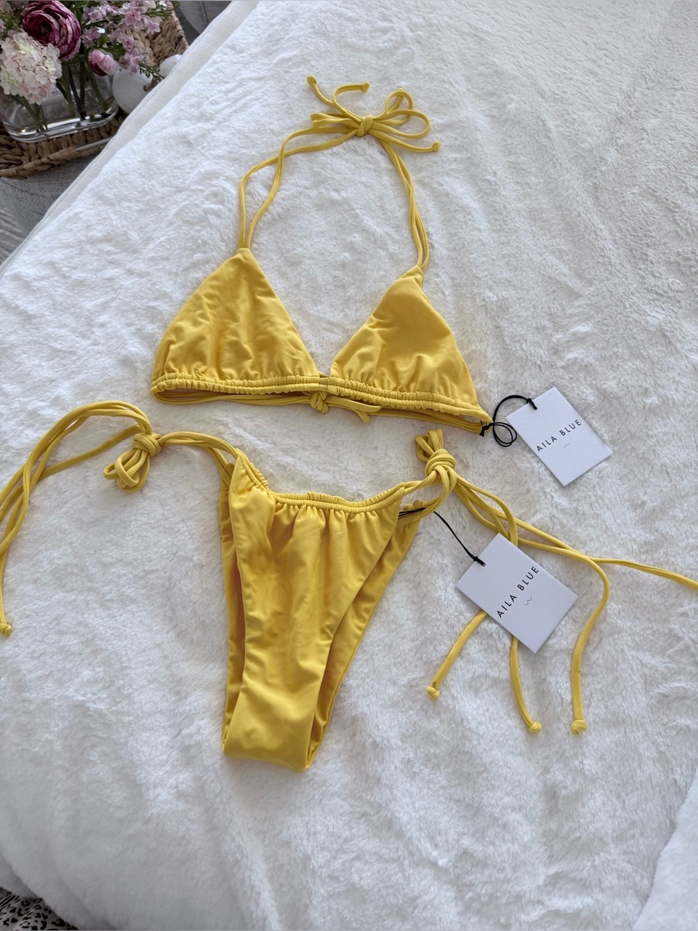 Aila Blue Women's Yellow Tie-Side Triangle Bikini Top & Bottom Set